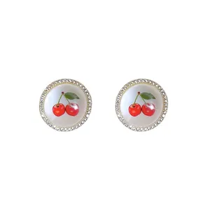 Sweet summer cherry stud earrings with sparkly cubic zirconia halo, minimalist gold plated