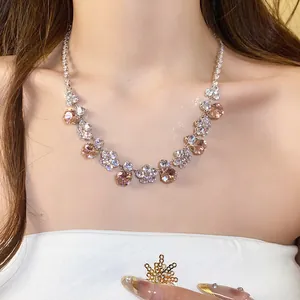 Exquisite zircon flower pendant necklace shown as a close-up on an Asian model