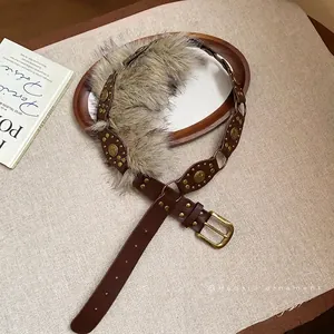 Vintage leather belt with rivet detailing and faux fur patchwork for autumn/winter