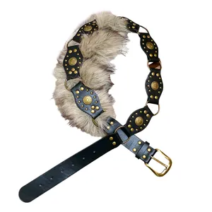 Vintage black leather belt with gold rivets and faux fur trim for bohemian style