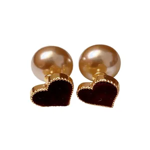 Elegant heart stud earrings with burgundy flocking and large champagne faux pearls