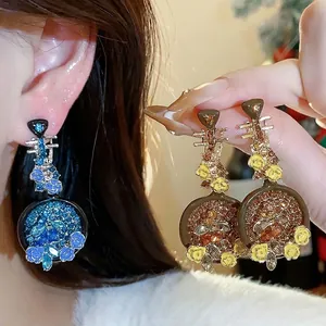Vintage Pipa Lute Alloy Rhinestone Floral Stud Earrings With 925 Sterling Silver Earring Post For Women Jewelry Gift