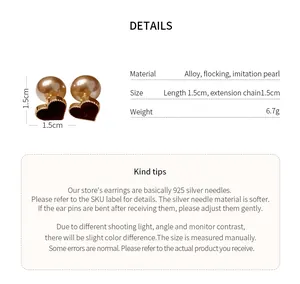 Detail specifications for heart-shaped flocked earrings with imitation pearls and S925 silver pins.