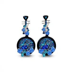 Luxury vintage blue crystal flower pipa instrument earrings with silver needle studs