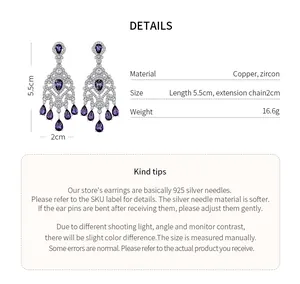 Detail view of purple zircon teardrop earrings with dimensions and material info