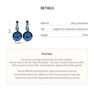 Blue rose Pipa shaped earrings with rhinestones and product size details