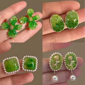 Forest Style Green Floral Stud Earrings For Women Alloy Rhinestone Artificial Pearl Drop Earrings With 925 Sterling Silver Earring Post Vintage Minimalist Jewelry