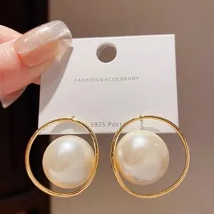 Elegant gold plated hoop earrings with large pearls and S925 silver posts