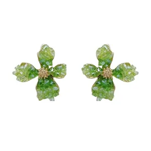 Elegant green crystal flower earrings with silver needles for a forest-inspired look