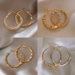 Luxury Alloy Rhinestone Hoop Earrings With 925 Sterling Silver Earring Post Gold Silver Geometric Exaggerated Ear Jewelry For Women