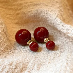 Orecchini a Bottone con Doppia Perla Rosso Vintage con Perno in Argento Sterling 925 Gioielli Geometrici Eleganti Regalo da Donna