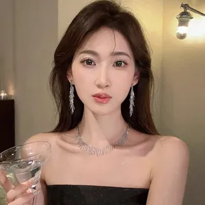 Élégant ensemble de collier et boucles d'oreilles à pampilles en argent sur un mannequin
