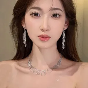 Élégant ensemble collier et boucles d'oreilles à pompons argentés sur mannequin