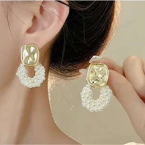 Elegant French vintage gold metal and white pearl beaded drop earrings for women