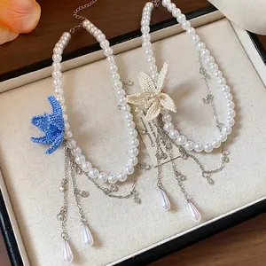 Elegant handmade pearl necklace with beaded flower and waterdrop pendants for women