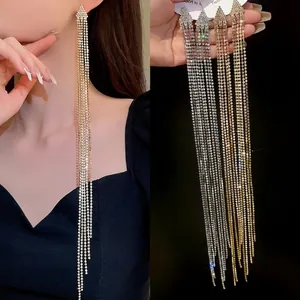 Exaggerated Metal Long Tassel Earrings With 925 Sterling Silver Earring Post Rhinestone Inlaid Drop Earrings For Women