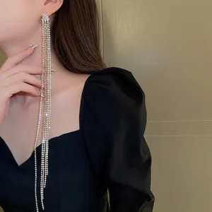 Sparkling long tassel rhinestone dangle earrings with elegant silver needle posts