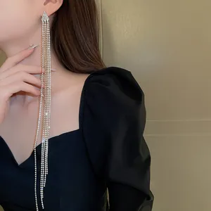 Close-up of silver-plated long tassel earrings with sparkling rhinestones on model.