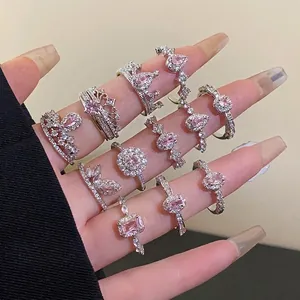 Fashion Geometric Copper Rhinestone Open Rings for Women Elegant Silver Pink Zirconia Style Adjustable Finger Jewelry