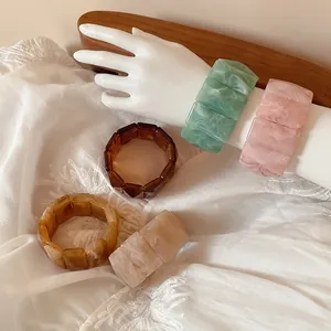 Vintage Acrylic Rectangular Marble Pattern Elastic Bracelet For Women Exaggerated Wide Bangle Retro Jewelry Gift