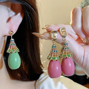Vintage Resin Water Drop Stud Earrings With 925 Sterling Silver Post Colorful Rhinestone Inlaid Elegant Women Jewelry Accessories