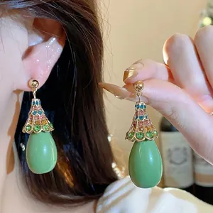Elegant vintage green resin teardrop earrings with multi-color rhinestones for women