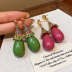 Exquisite vintage style resin water drop earrings with colorful rhinestones and silver needles