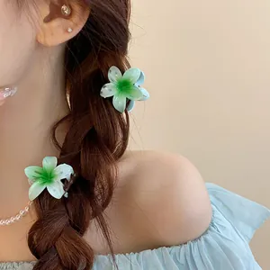 Gros plan de mini pinces à cheveux fleur verte élégantes sur une tresse.