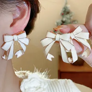 Elegant Bowknot Enamel Stud Earrings 925 Sterling Silver Earring Post For Women Rhinestone Artificial Pearl Lightweight Luxury Jewelry