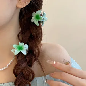 Mini pinces à cheveux fleur vert dégradé présentées sur une tresse de cheveux châtains