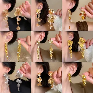 Vintage Floral Tassel Drop Earrings For Women Gold Silver Plated Alloy Rhinestone Artificial Pearl Elegant Party Jewelry