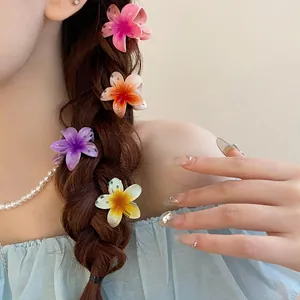 Vue détaillée de jolies mini pinces à cheveux fleurs colorées dans une tresse