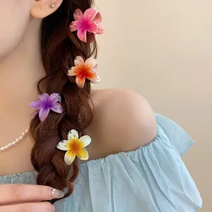 Vue détaillée de mini-pinces à cheveux fleurs colorées sur une coiffure tressée.