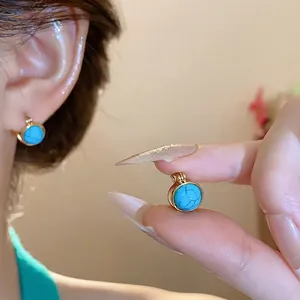 Pendientes de Botón de Resina de Doble Cara Redondos Estilo Étnico Retro para Mujer Joyería Vintage de Cobre