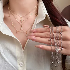 Fashion Multi Layer Star Moon Pendant Necklace Alloy Rhinestone Clavicle Chain Gold Silver Jewelry Gift For Women