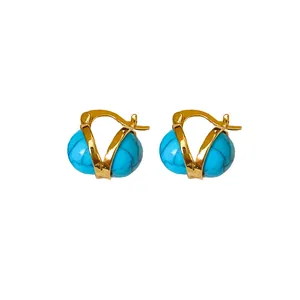 Pendientes de aro étnicos bañados en oro con perlas de resina azul para accesorios de mujer