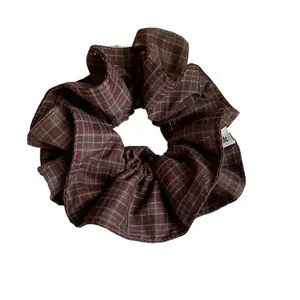Dark brown plaid checkered fabric large scrunchie hair tie for women stylish accessory