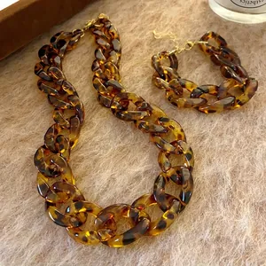 Retro leopard print acrylic chain necklace and bracelet set for women