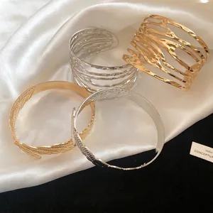 Vintage gold and silver metal twisted feather open cuff bracelets set for women