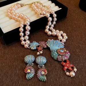 Vintage Übertriebene Meeresstil Halskette Bunte Strass Meerschnecke Seestern Anhänger Künstliche Perle Doppelreihige Halskette Modeschmuck Für Damen