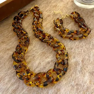 Detail shot of chunky leopard print resin chain necklace and matching bracelet set