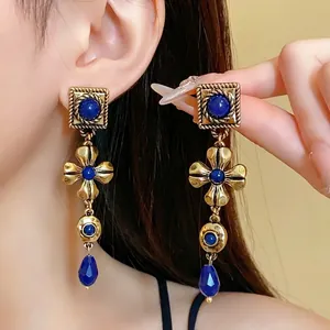 Vintage Royal Court Style Long Drop Earrings With 925 Sterling Silver Post Alloy Resin Blue Water Drop Flower Earrings