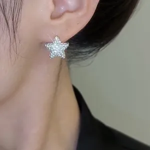 Elegant sparkling five-pointed star zircon stud earrings with silver finish for women