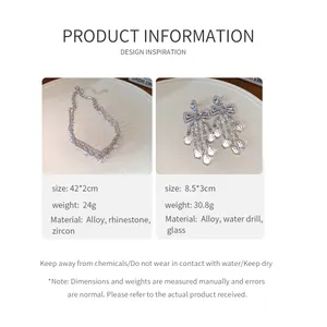 Detail view of sparkly rhinestone zircon necklace and bow tassel earrings with specs