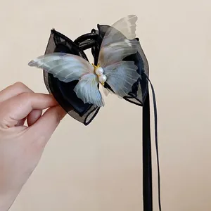Eleganter Schmetterling Perle Haarclip mit schwarzer Netzschleife und langen Bändern