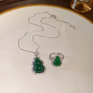 Elegant green gourd pendant necklace and ring jewelry set with sparkling zircon accents