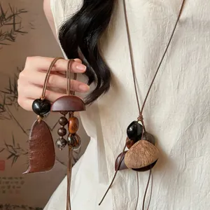Retro New Chinese Style Wood Pendant Necklace Natural Seeds Beads Long Sweater Chain For Women Jewelry Gift