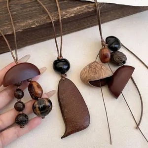 Retro New Chinese style handmade wooden pendant necklace with natural seed beads