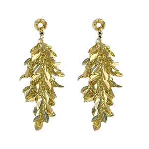 Elegant golden metal leaf tassel drop earrings with a minimalist geometric design.