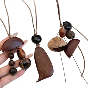 Retro New Chinese style necklaces with natural organic wooden seed pendants for women